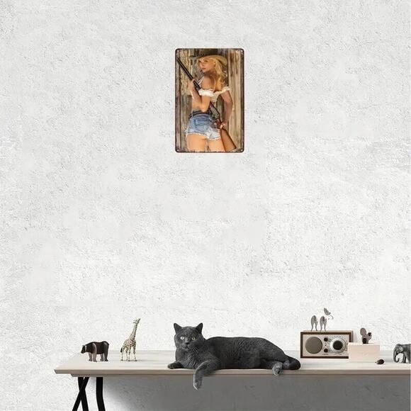 Metal Tin Sign •Blonde Cowgirl Pinup •Hot Pants •Marlin 1894 Octagon Barrel 8x12 - Picture 5 of 10